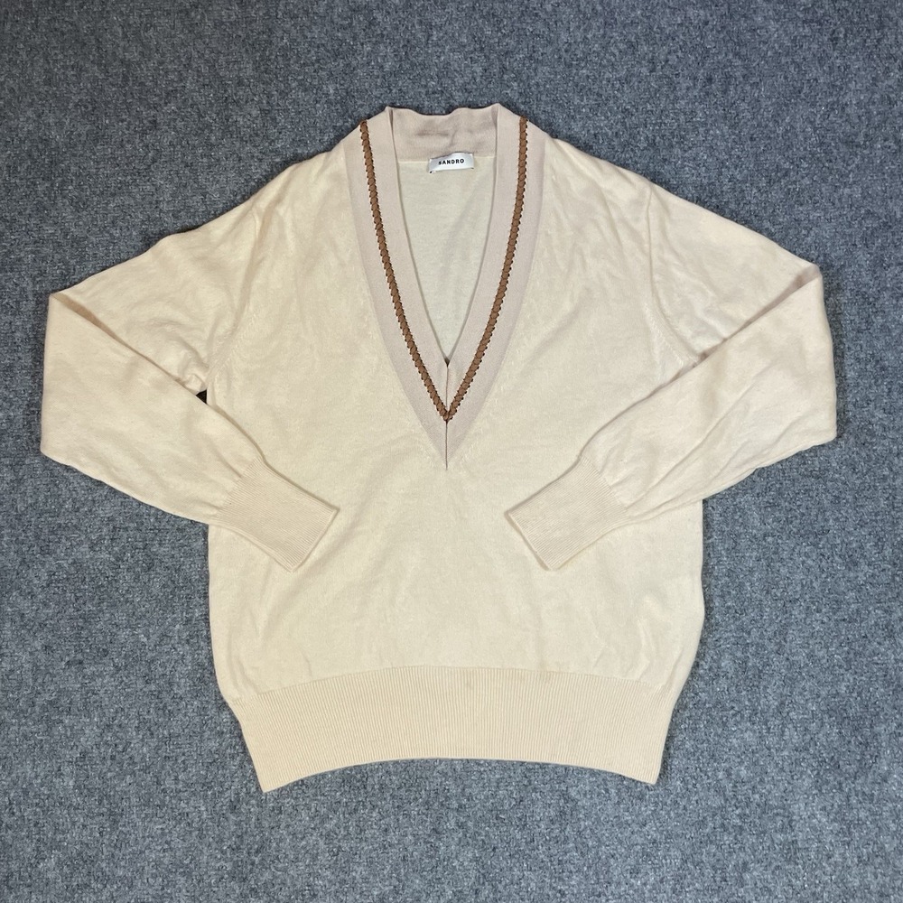 Sandro Women's‎ Bridget Knit V-Neck Sweater Size 1 Ivory Wool Cashmere Preppy